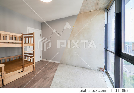 Comparison of children room with wooden bunk bed before and after restoration. Photo collage of old apartment with door and new renovated flat with parquet floor and kid house bed. Comparison of children room with wooden bunk bed before and after restoration. Photo collage of old apartment with door and new renovated flat with parquet floor and kid house bed. 113138631