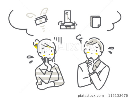 A young couple thinking about the end of their grave - simple and stylish line drawing illustration 113138676