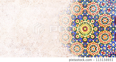 Detail of traditional persian mosaic wall with geometrical and floral ornament, Iran. Horizontal or vertical background with ceramic tile. Mock up template. Copy space for text Detail of traditional persian mosaic wall with geometrical and floral ornament, Iran. Horizontal or vertical background with ceramic tile. Mock up template. Copy space for text 113138931