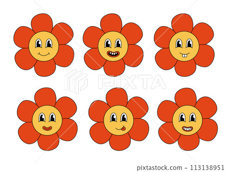 Retro 70s 60s 80s Hippie Groovy cute Red Flowers Set. Smiling face. Collection Flower power elements. Vector illustration isolated on a white background. Retro 70s 60s 80s Hippie Groovy cute Red Flowers Set. Smiling face. Collection Flower power elements. Vector illustration isolated on a white background. 113138951