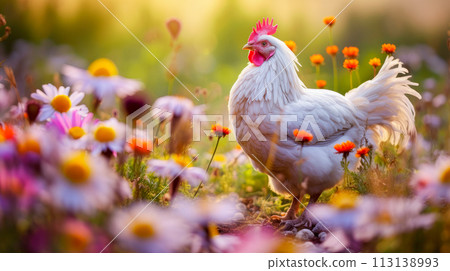 Cute, beautiful chicken in a field with flowers in nature, in the sun's rays. 113138993