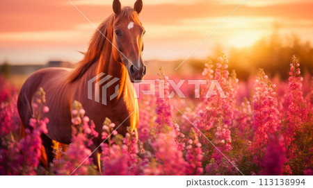 Cute, beautiful horse in a field with flowers in nature, in the sun's rays. 113138994