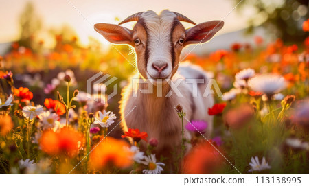 Cute goat in a field with flowers in nature, in the sun's rays. Environmental protection, the problem of ocean and nature pollution. 113138995