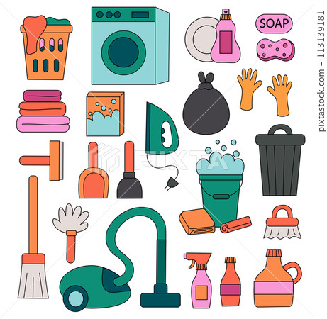 Cleaning Set Elements. Collection of cleaning tools. Washing machine. Cleaning products. Trash can. Vacuum cleaner. Vector Flat illustration. 113139181