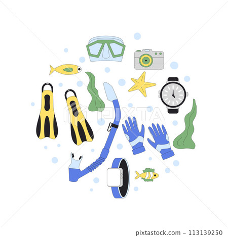Diving round emblem. Oxygen masks, tanks, flippers and equipment for scuba and snorkel circle shape composition. Underwater sea marine snorkelling sport. Line art vector illustrations isolated on 113139250