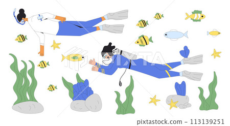 Diving snorkelling set. Women divers swimming in water suits, oxygen masks, tanks and equipment for scuba and snorkel. Underwater sea marine summer beach sport. Line art vector illustrations. 113139251