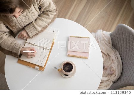 Dreaming plus size woman relaxing at comfortable room with houseplant writing notes in diary Dreaming plus size woman relaxing at comfortable room with houseplant writing notes in diary 113139340