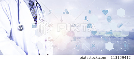 Medical technology diagnosis of cardiac concepts. Doctor holding stethoscope body diagnosis virtual screen. Medical technology analyzes the screen network connection. hospital blur background 113139412
