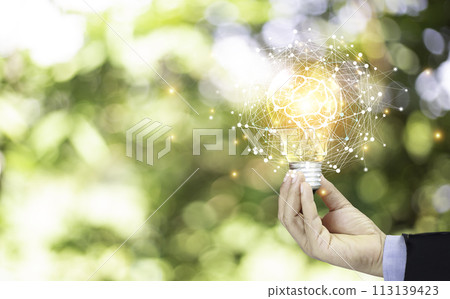 Innovation technology eco green concept. Icon bulb energy sources for renewable on green blur background . Concept with innovation inspiration. new ideas to innovative from the internet big data Innovation technology eco green concept. Icon bulb energy sources for renewable on green blur background . Concept with innovation inspiration. new ideas to innovative from the internet big data 113139423