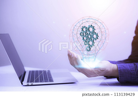 Businessman Touching 3D Icon Bulb.Concept of Ideas for success.Concept with innovation inspiration.Success start from new ideas to innovative technology relying on information from the internet data Businessman Touching 3D Icon Bulb.Concept of Ideas for success.Concept with innovation inspiration.Success start from new ideas to innovative technology relying on information from the internet data 113139429