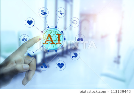 Medical Technology diagnosis of medical treatment concepts. Doctor and stethoscope of touch icon. Medical Technology analysis the Network connection virtual screen interface. Hospital blur Background. 113139443