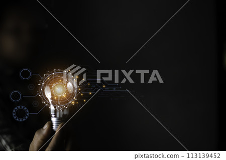 Business People touch Light bulb.Concept of Ideas for Success. Concept with Innovation Invention. Success Starting from a new idea to innovative technology based on data from the Internet, big data.. Business People touch Light bulb.Concept of Ideas for Success. Concept with Innovation Invention. Success Starting from a new idea to innovative technology based on data from the Internet, big data.. 113139452