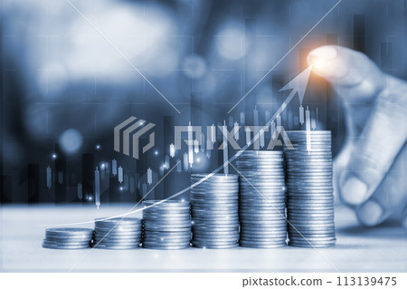 Coins are laid in graph.Business success concept wealth stock investment.Business in the digital age.Digital transformation for next generation technology.Technology is growing by leaps and bounds. 113139475