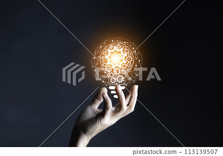Innovation technology Concept. Hand Touching Icon Bulb. Concept with innovation inspiration. Success start from new ideas to innovative technology relying on information from the internet big data. Innovation technology Concept. Hand Touching Icon Bulb. Concept with innovation inspiration. Success start from new ideas to innovative technology relying on information from the internet big data. 113139507