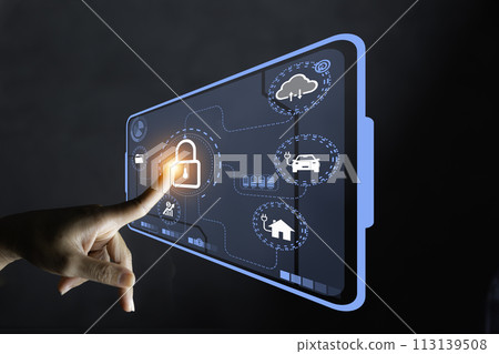 Cyber security concept protect information on internet network. Business scan keys unlock the screen with virtual screen interface to enter the network, futuristic virtual screen interface Cyber security concept protect information on internet network. Business scan keys unlock the screen with virtual screen interface to enter the network, futuristic virtual screen interface 113139508