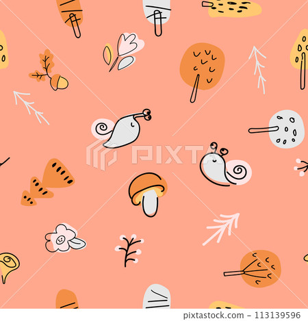 Seamless pattern with snails, flowers and trees for childrens products. Forest decorative pattern for childs clothing. Flat vector illustration for printing packaging, fabric and textiles. Seamless pattern with snails, flowers and trees for childrens products. Forest decorative pattern for childs clothing. Flat vector illustration for printing packaging, fabric and textiles. 113139596