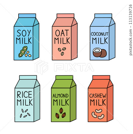 Vegan milk set. Almond, soy, rice, coconut, cashew, oat. Box Carton packaging. Collection of vector flat illustration. 113139716