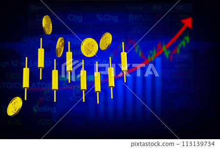 3D rendering gold candlesticks with coins, Market graph, and chart illustration blurred background, concept business finance growth, stock investment, and economic success 113139734