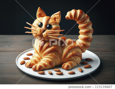 Creative photograph of a croissant made in the shape of a cat on a plate. 113139807