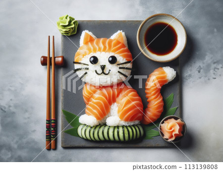 Creative food photography. An unusual presentation of sushi in the shape of a cute cat on a beautiful plate. 113139808