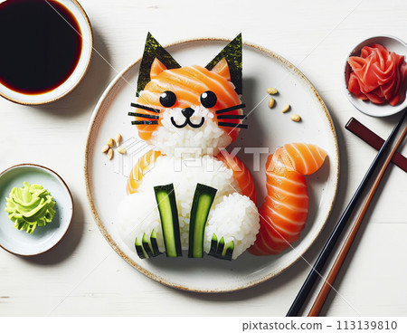 Creative food photography. An unusual presentation of sushi in the shape of a cute cat on a beautiful plate. 113139810