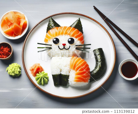 Creative food photography. An unusual presentation of sushi in the shape of a cute cat on a beautiful plate. Creative food photography. An unusual presentation of sushi in the shape of a cute cat on a beautiful plate. 113139812