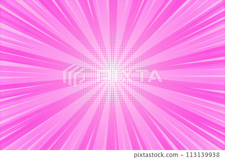Pink comic background. Pop art vector sunburst with halftone effect. Radial explosion manga frame. 113139938