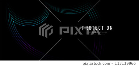 Security Shield concept. Shield and free space. Abstract background with blue and purple glowing particle lines. Illustration vector Security Shield concept. Shield and free space. Abstract background with blue and purple glowing particle lines. Illustration vector 113139966