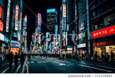 Urban scene at night highlighted by neon advertisements, lively ambiance. Pedestrians and vehicles add motion and life to this dynamic city environment Urban scene at night highlighted by neon advertisements, lively ambiance. Pedestrians and vehicles add motion and life to this dynamic city environment 113139983