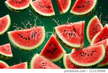 juicy watermelon slices. Fresh watermelon slices in air against dark green backdrop. Juice droplets create dynamic, refreshing scene 113139996