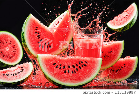 Bright, juicy watermelon slices with vibrant juice splash. full glass of fresh watermelon juice on dark backdrop, freshness and flavor of summer 113139997