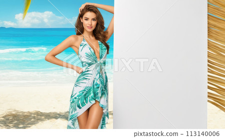 Stylish woman stands on sandy beach, azure ocean waves behind. Large white billboard mockup beside her, perfect for tour advertising. Palm leaves, vacation vibe 113140006