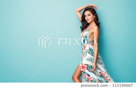 woman in summer dress on blue background. Lady in vibrant outfit, hat against rosy backdrop, exudes sophistication, grace. advertising background woman in summer dress on blue background. Lady in vibrant outfit, hat against rosy backdrop, exudes sophistication, grace. advertising background 113140007