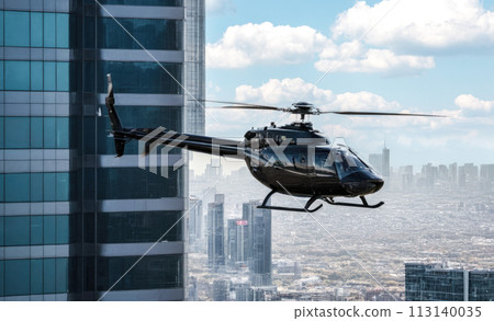 Black helicopter soars near modern business skyscraper, dynamic interaction between urban architecture and air transportation visible, cityscape beneath partly cloudy sky Black helicopter soars near modern business skyscraper, dynamic interaction between urban architecture and air transportation visible, cityscape beneath partly cloudy sky 113140035
