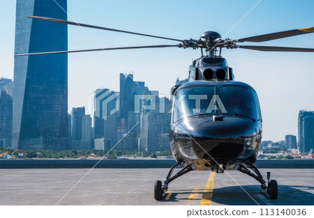 black helicopter on roof of skyscraper. city background. helicopter parked on roof of skyscraper black helicopter on roof of skyscraper. city background. helicopter parked on roof of skyscraper 113140036