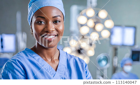 professional female surgeon, dressed in blue scrubs, stands ready in operating room. Surgical lights illuminate sterile environment. monitors display vital signs professional female surgeon, dressed in blue scrubs, stands ready in operating room. Surgical lights illuminate sterile environment. monitors display vital signs 113140047