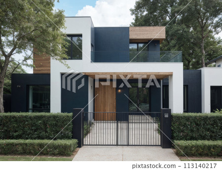 A gray private house of two floors hidden behind a fence with automatic sliding brown gates A gray private house of two floors hidden behind a fence with automatic sliding brown gates 113140217