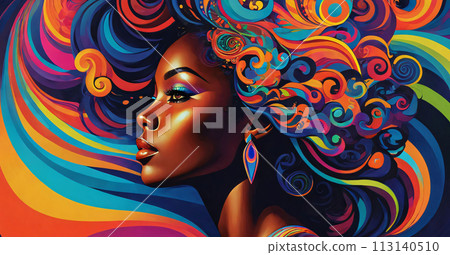 Profile of a young woman in psychedelic style, bright colors, makeup. 113140510