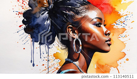 Profile of a young woman in watercolor painting style. Luxurious jewelry, bright colors, makeup. 113140511