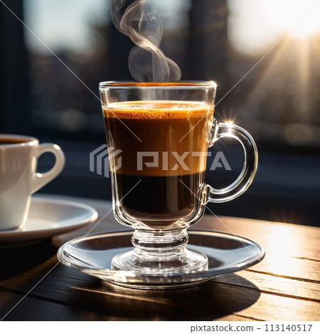 Hot coffee espresso in a tall transparent cup on a wooden table illuminated by the morning rays of the bright sun 113140517
