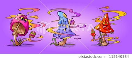 Funny groovy trippy mushroom with funky faces Funny groovy trippy mushroom with funky faces 113140584