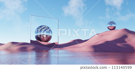 3d Render, Abstract Surreal pastel landscape background with architecture and geometric, beautiful gradient sky scene, lake with clam water, minimal concept. 113140599