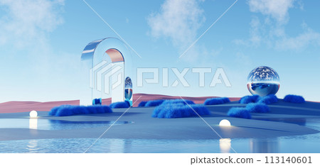 3d Render, Abstract Surreal pastel landscape background with architecture and geometric, beautiful gradient sky scene, lake with clam water, minimal concept. 3d Render, Abstract Surreal pastel landscape background with architecture and geometric, beautiful gradient sky scene, lake with clam water, minimal concept. 113140601