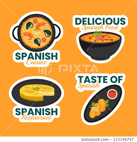 Spanish Restaurant Label Flat Cartoon Hand Drawn Templates Background Illustration Spanish Restaurant Label Flat Cartoon Hand Drawn Templates Background Illustration 113140747