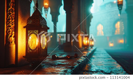 In this evocative image, a radiant Ramadan lantern illuminates the surroundings, symbolizing the holy month's spiritual warmth, cultural richness, and festive joy 113141004