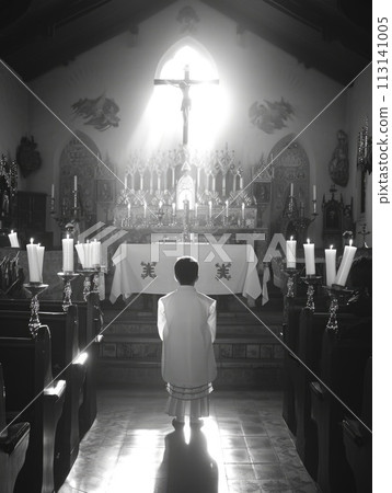 First communion joy: heartwarming moments of young believers in white dresses, celebrating this sacred Christian sacrament with faith, purity, spirit of spiritual growth in memorable church ceremony. 113141005