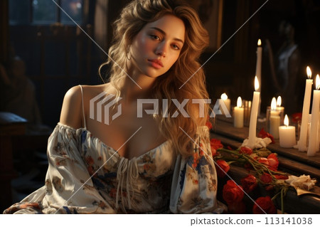 Pretty lady. In the enchanting ambiance of a tavern, a beautiful girl captivates with her charm, adding allure to the conviviality of this social gathering. Pretty lady. In the enchanting ambiance of a tavern, a beautiful girl captivates with her charm, adding allure to the conviviality of this social gathering. 113141038