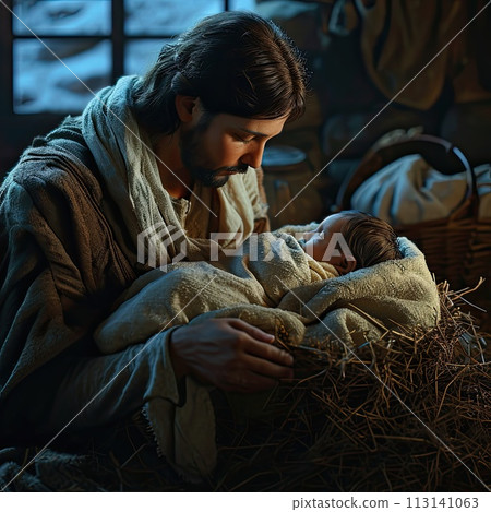 Divine narrative: a mesmerizing nativity scene, the holy essence of Christmas with a harmonious tableau of Mary, Joseph, baby Jesus Christ . 113141063