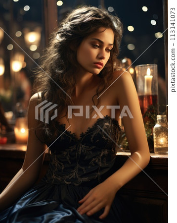 Pretty lady. In the enchanting ambiance of a tavern, a beautiful girl captivates with her charm, adding allure to the conviviality of this social gathering. Pretty lady. In the enchanting ambiance of a tavern, a beautiful girl captivates with her charm, adding allure to the conviviality of this social gathering. 113141073