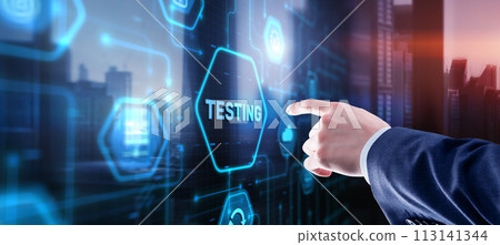 Hand pressing button TESTING inscription. Technology icons 113141344